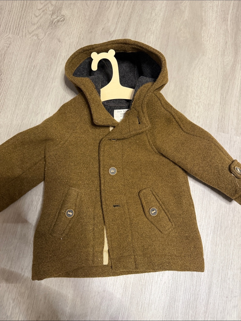 Zara Toddler Hooded Wool-Blend Coat in Olive Brown! 12-18m like new